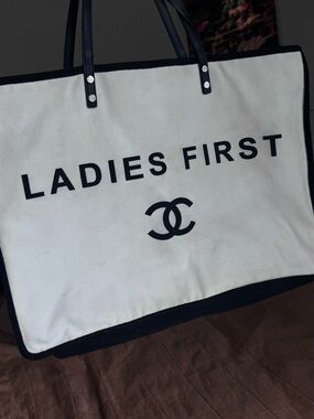 CHANEL Ladies First Canvas Tote in White and Black